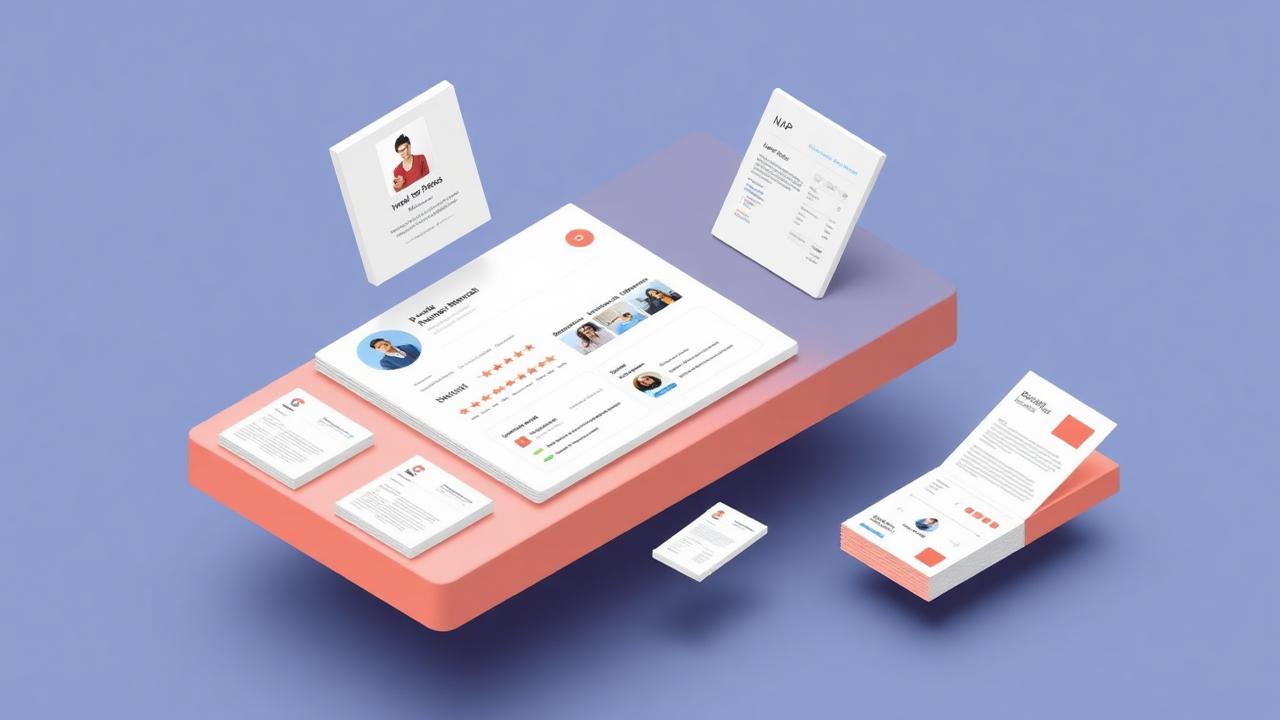 Google Business Profile Dashboard mit Fotos, Bewertungen, NAP-Daten und Posts