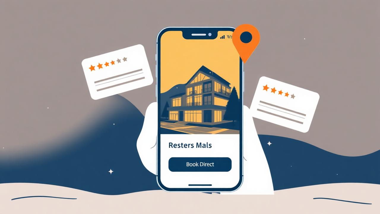 Mobile Hotel-Website mit Direkt-Buchen-Button, Bewertungen und Google-Maps-Pin
