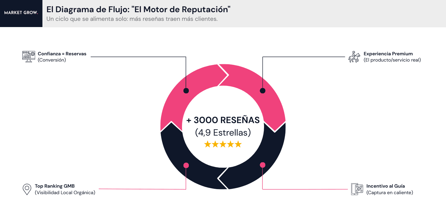 Diagrama de flujo mostrando la estrategia de reputación de EcoAdventures: ciclo virtuoso de experiencia premium, reseñas y posicionamiento en Google Maps.