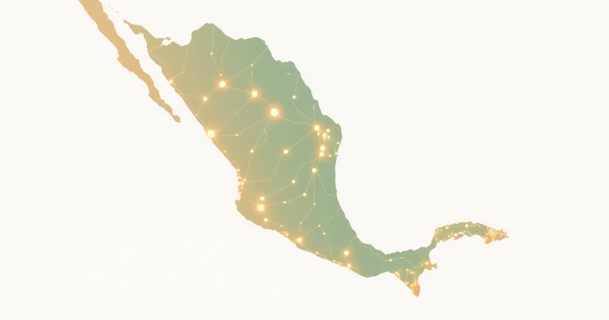 Mapa de México y LatAm con red neuronal de IA conectando ciudades